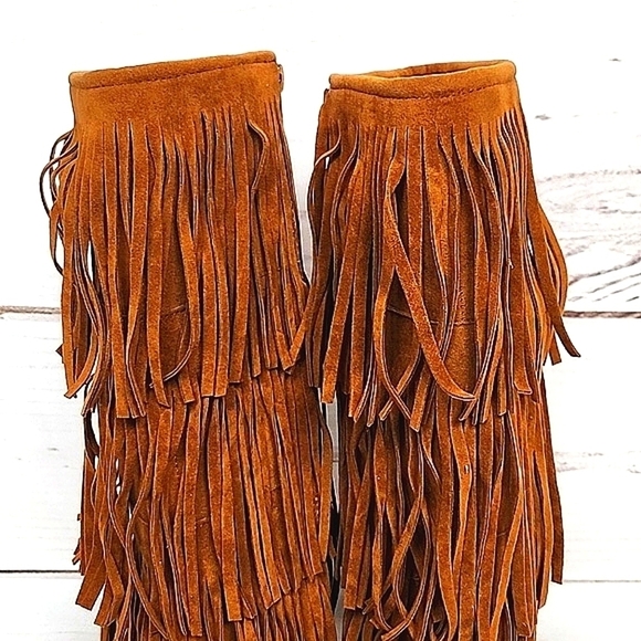 Pierre Dumas NWOT 8M Women Brown VeganSuede Fringed BOHO Zippered Moccasin Boots - Picture 3 of 9